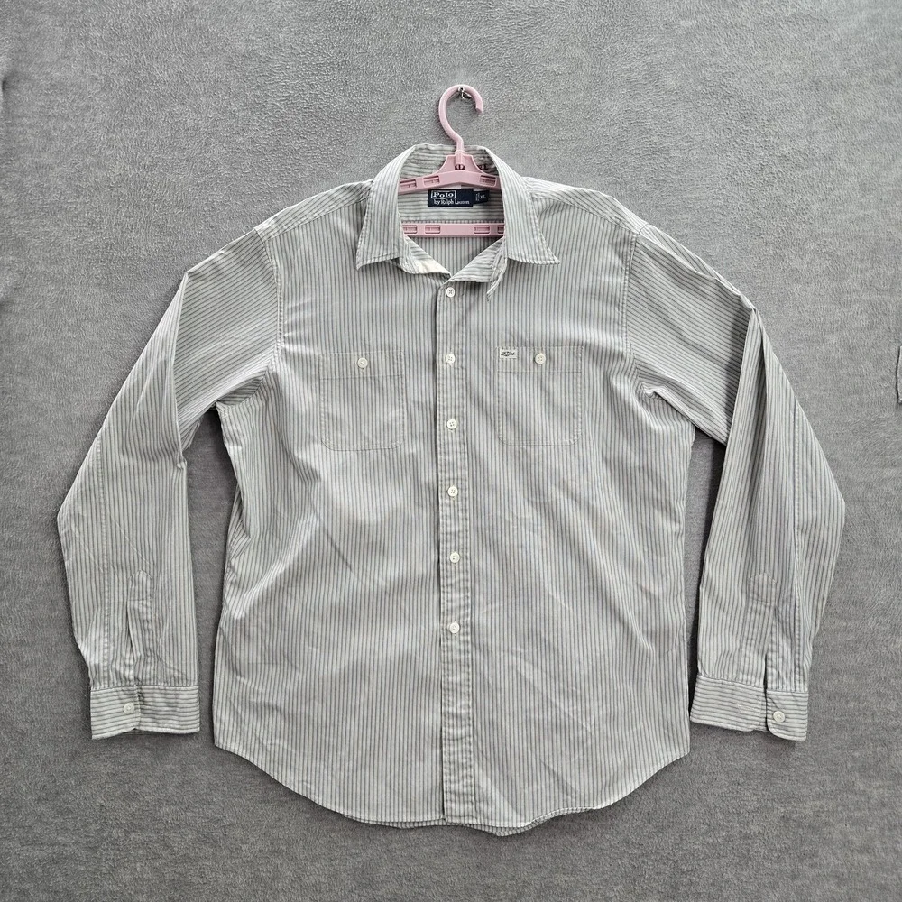 VINTAGE Polo By Ralph Lauren Men Button Up‎ Shirt XL Blue Striped PRL 69 Britain